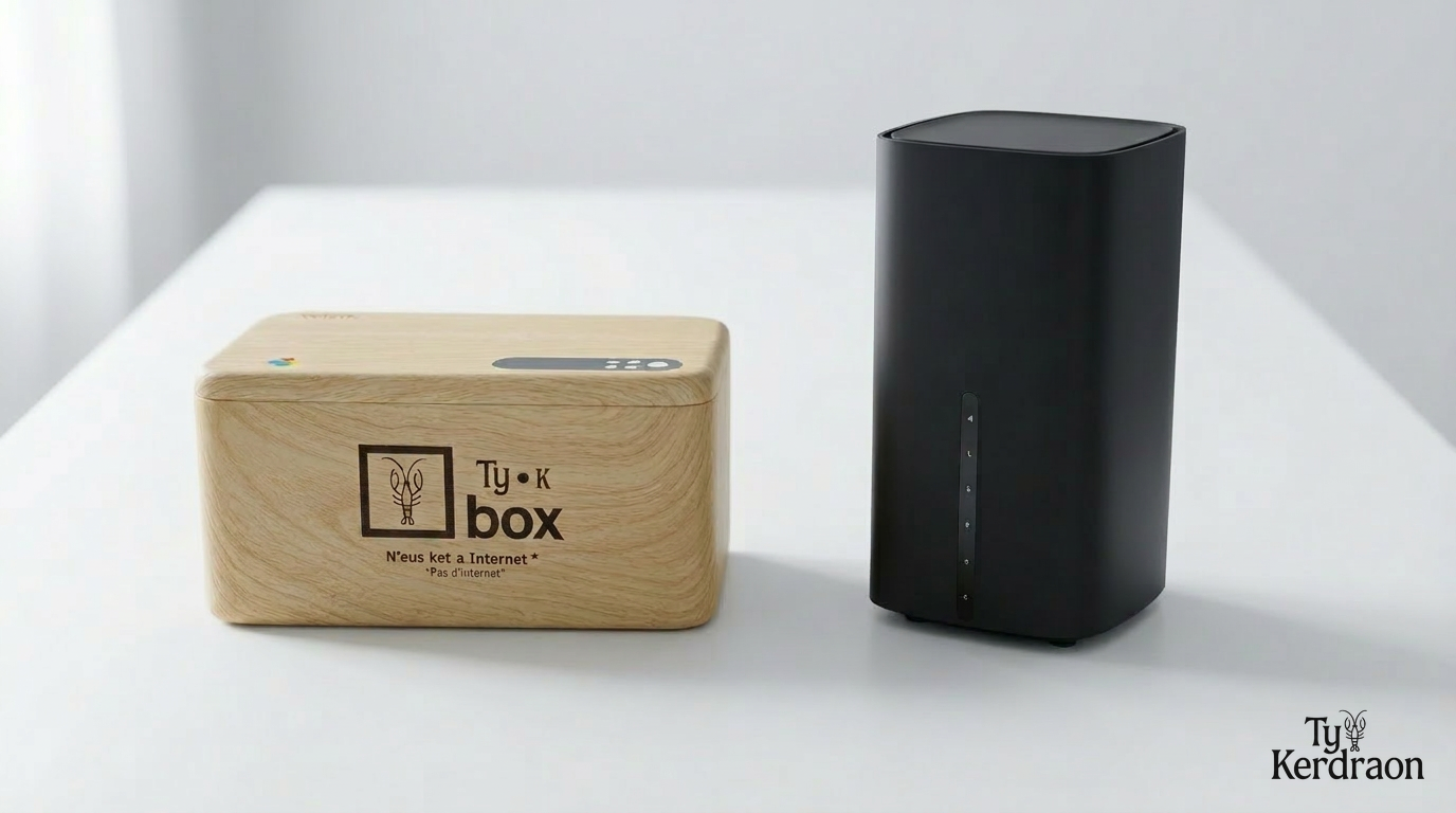 La boîte à téléphones en bois et la box internet — deux options pour votre séjour à Ty Kerdraon